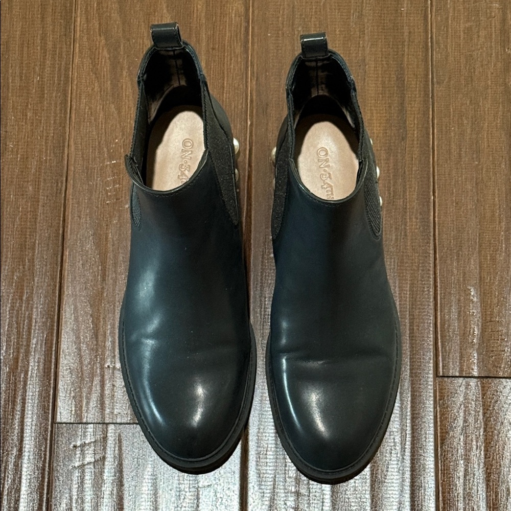 On 34th Black Ankle Boots with Pearl Studs